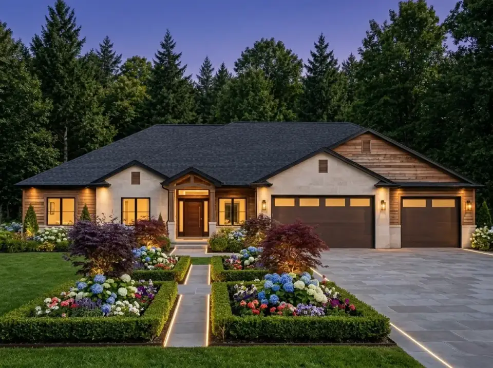 Twilight Craftsman estate facade with stone, wood siding, and exterior lighting