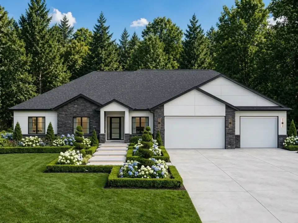 Modern transitional Craftsman facade with dark stone and crisp black trim