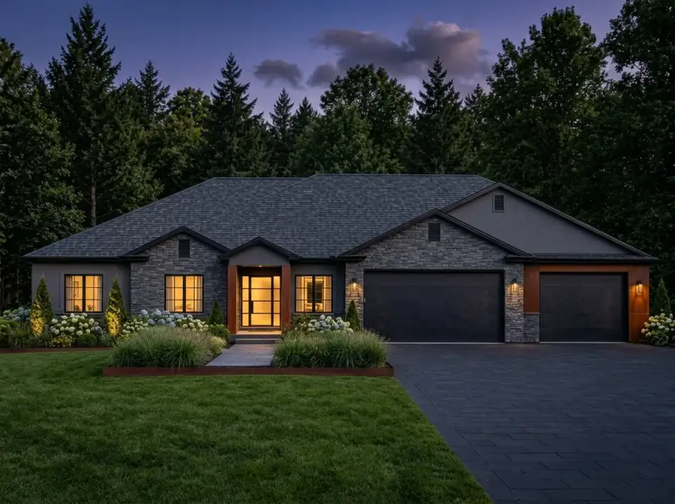 Contemporary dusk facade with dark gray stone, siding, and ornamental grasses