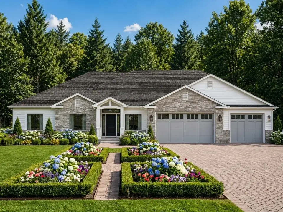 Classic American Craftsman facade with light stone, siding, and cottage garden
