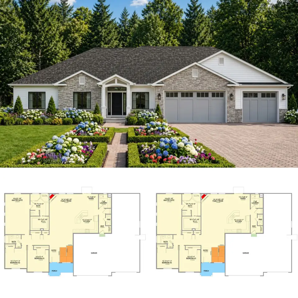 Craftsman Ranch with 3-4 Car Garage and Flexible Layout