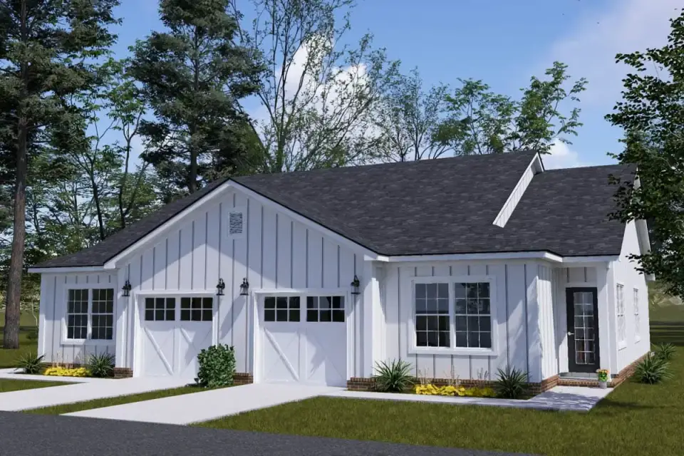 Plan 52532WM exterior front elevation modern ranch duplex with white board and batten siding brick foundation prominent gabled roof black framed windows and symmetrical covered porches with carriage style garage doors