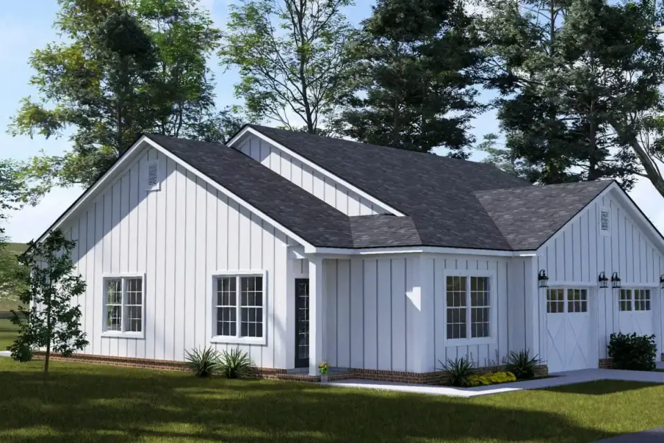 Plan 52532WM corner view modern ranch duplex showing gable end massing white siding brick water table and covered porch returns