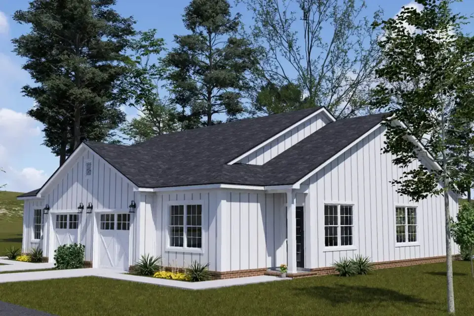 Plan 52532WM garage door detail showing carriage style overhead doors black hardware and brick foundation transition for one-car garages