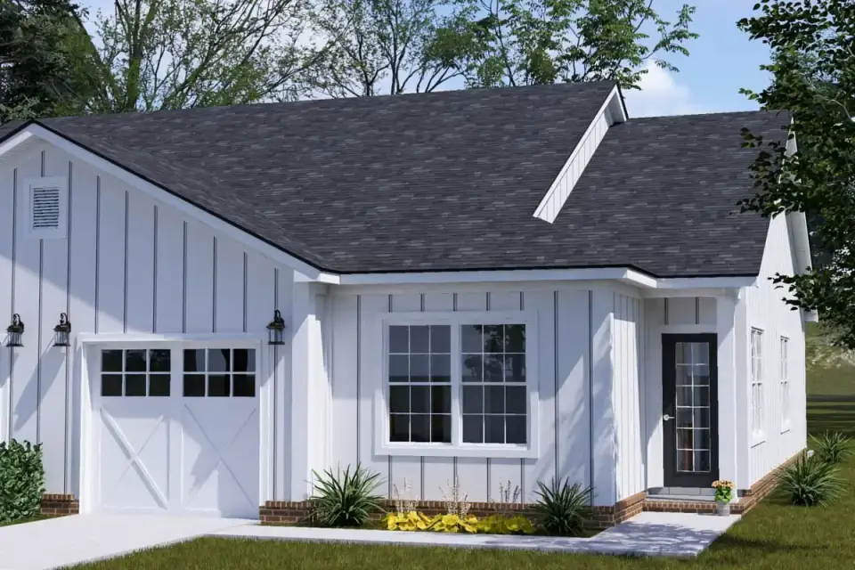 Plan 52532WM front porch column detail with simple square wrapped wood columns covered overhang and front entry door for individual unit access