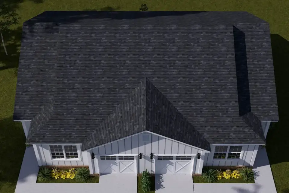 Plan 52532WM landscaped streetscape view of modern ranch duplex showing balanced symmetrical front facade neighborhood compatibility and curb appeal at residential scale