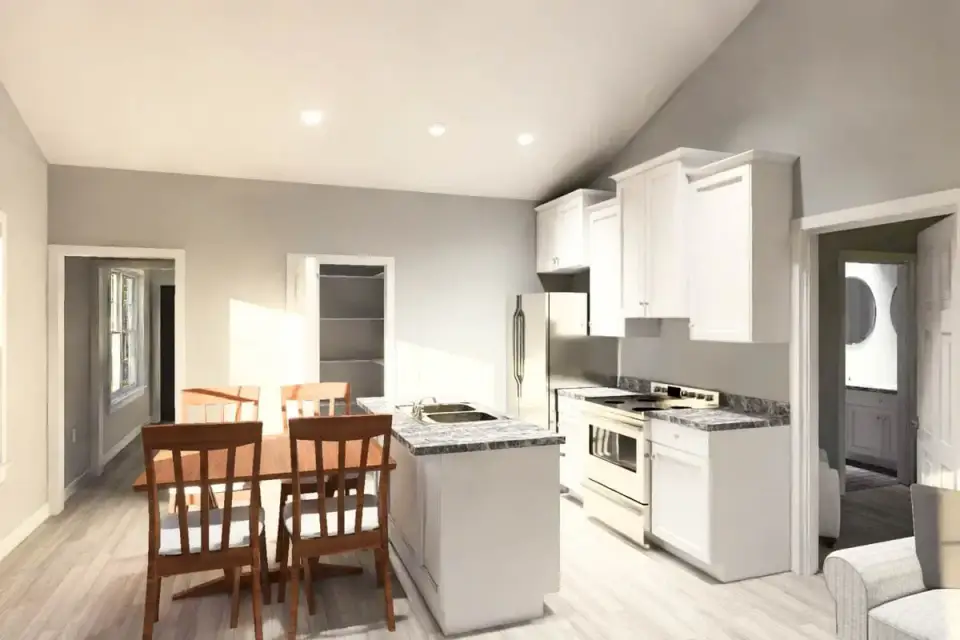 Plan 52532WM secondary bedroom with neutral paint LVP flooring window for natural light and adjacent guest full bathroom
