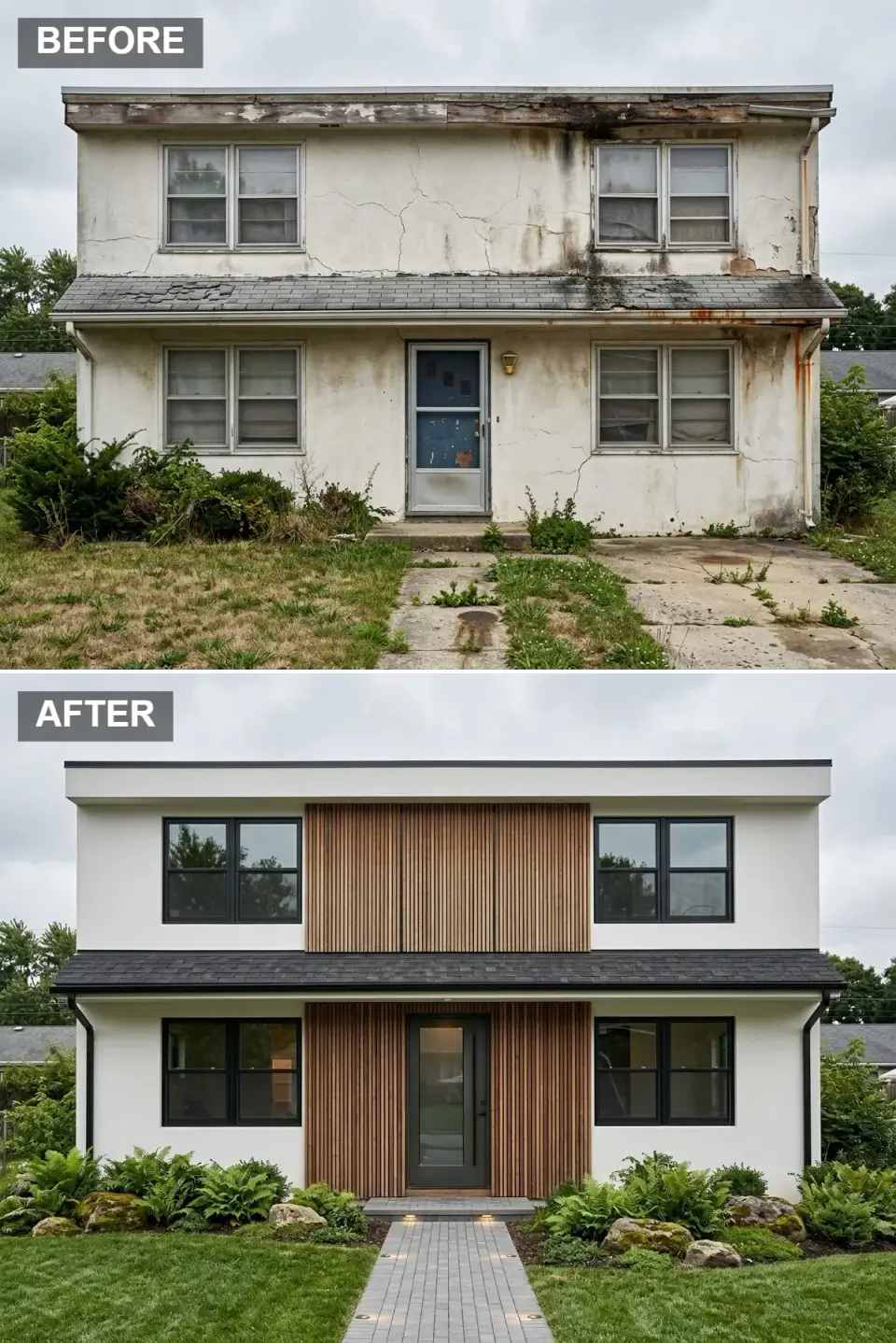 Vertical cedar screen feature wall on a crisp white stucco mid-century facade revival with black-framed windows