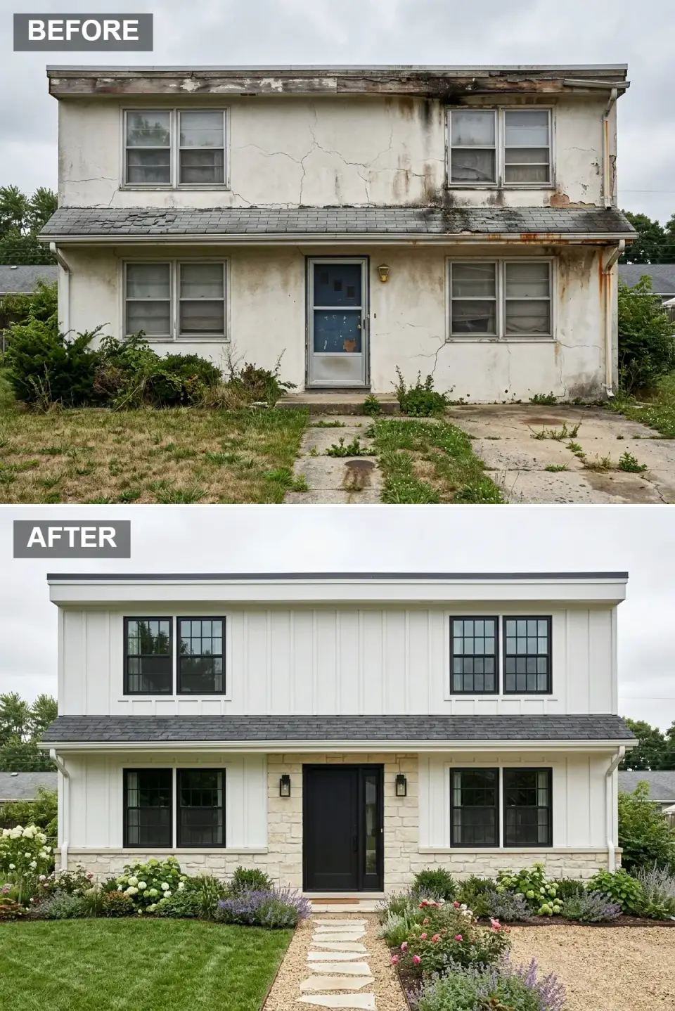 Modern cottage facade revival with Chantilly white board-and-batten sandstone base black grid windows and overflowing perennial garden