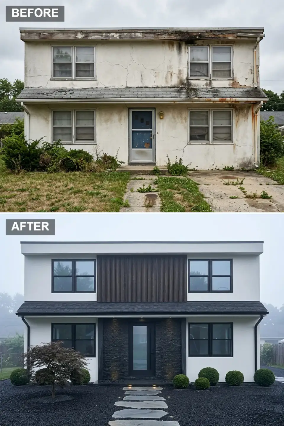 Moody zen facade revival with matte white stucco espresso vertical timber slats black stacked stone entry and lava rock garden