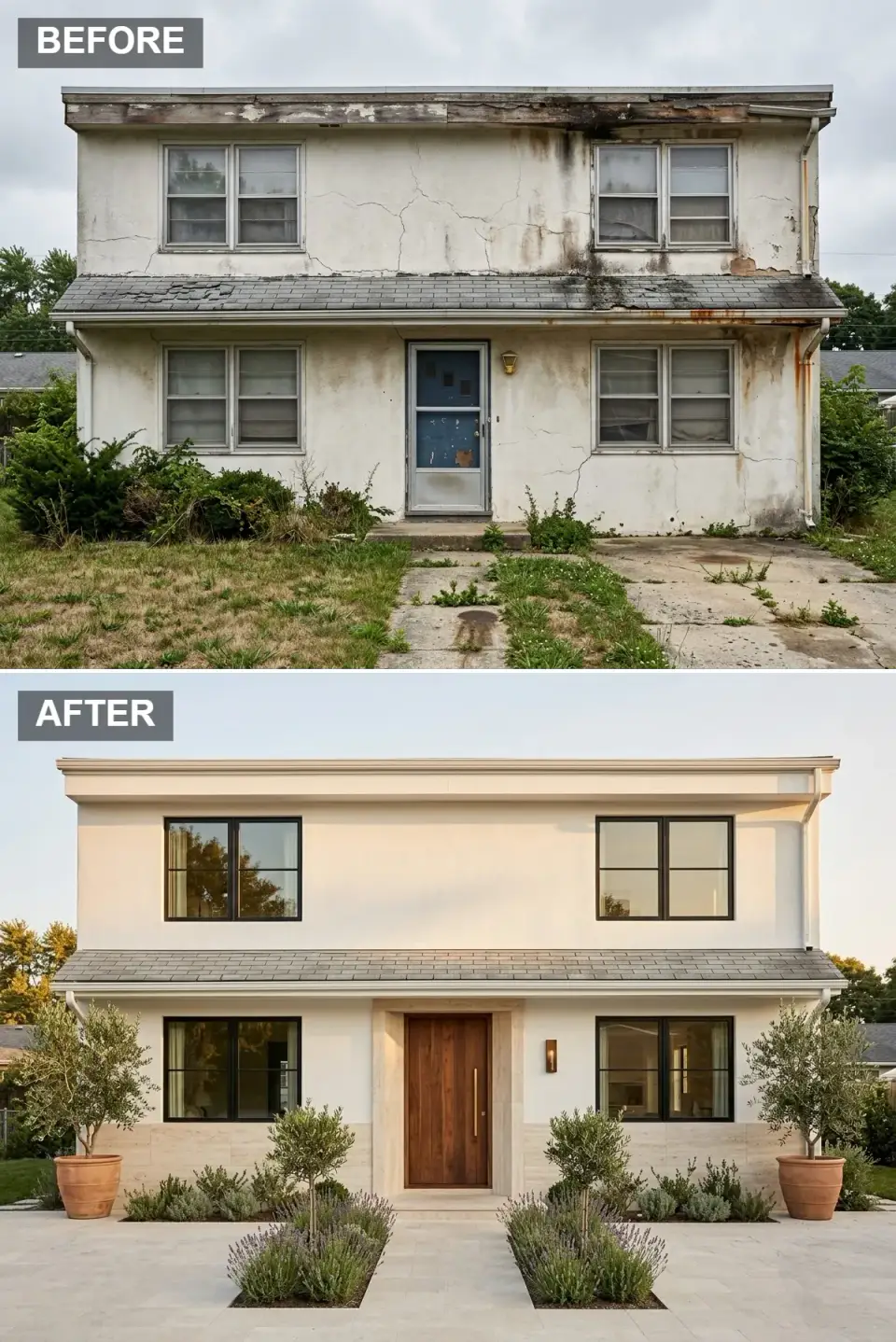 Mediterranean facade revival with warm cream stucco honed limestone veneer base walnut door and olive trees in terracotta planters