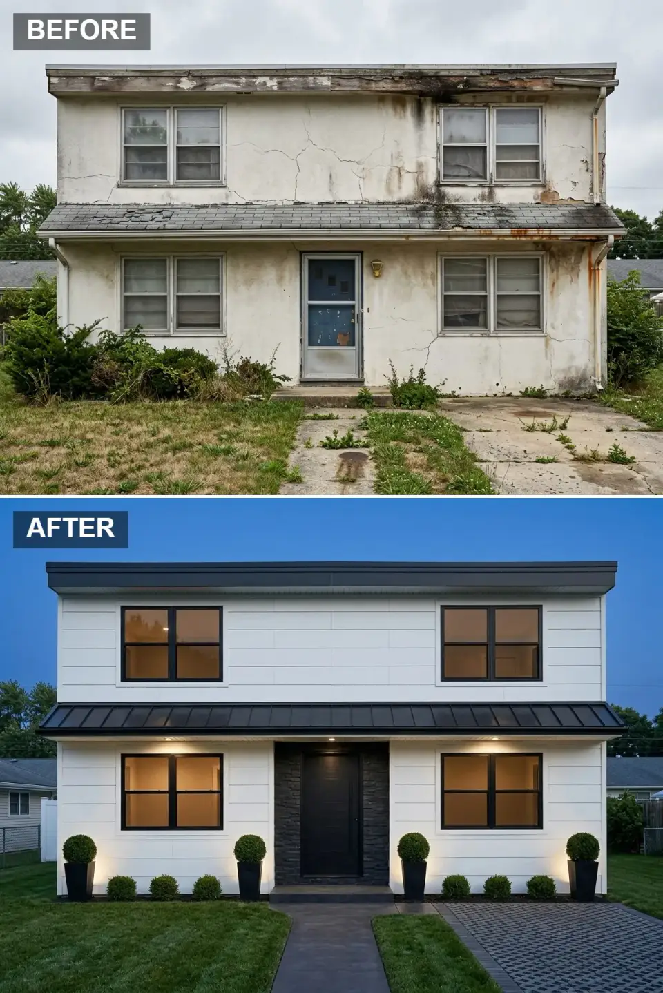 Black and white facade revival with horizontal lap siding stacked ledger stone entry surround boxwood balls and uplighting at dusk