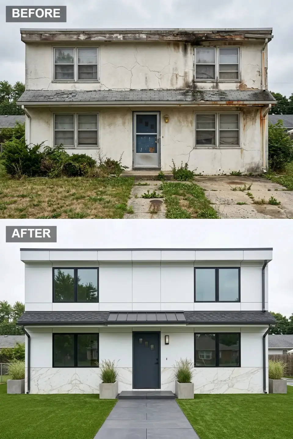 Minimalist mid-century facade revival with large-format white panels marble-look stone base charcoal door and ornamental grasses