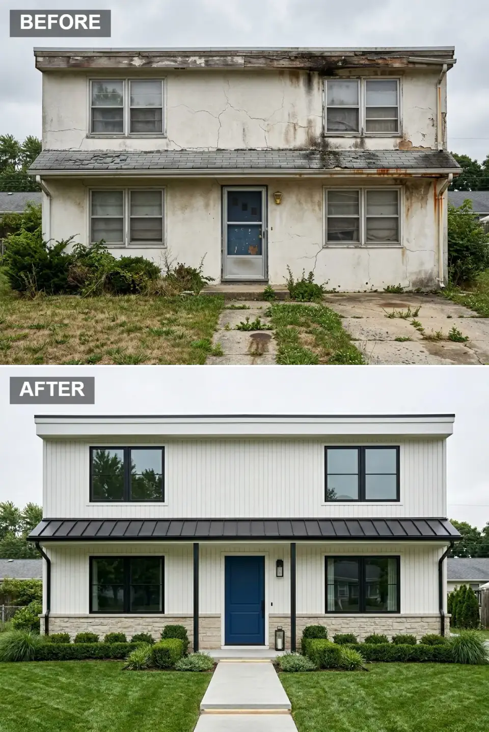 Modern farmhouse facade revival with alabaster board-and-batten harvest stone base midnight navy door and boxwood hedges
