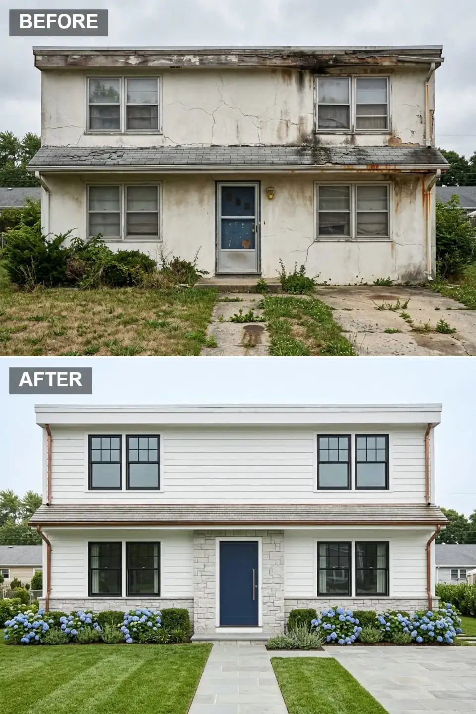Coastal modern facade revival with white lap siding bluestone veneer navy door copper gutters and blue hydrangea borders