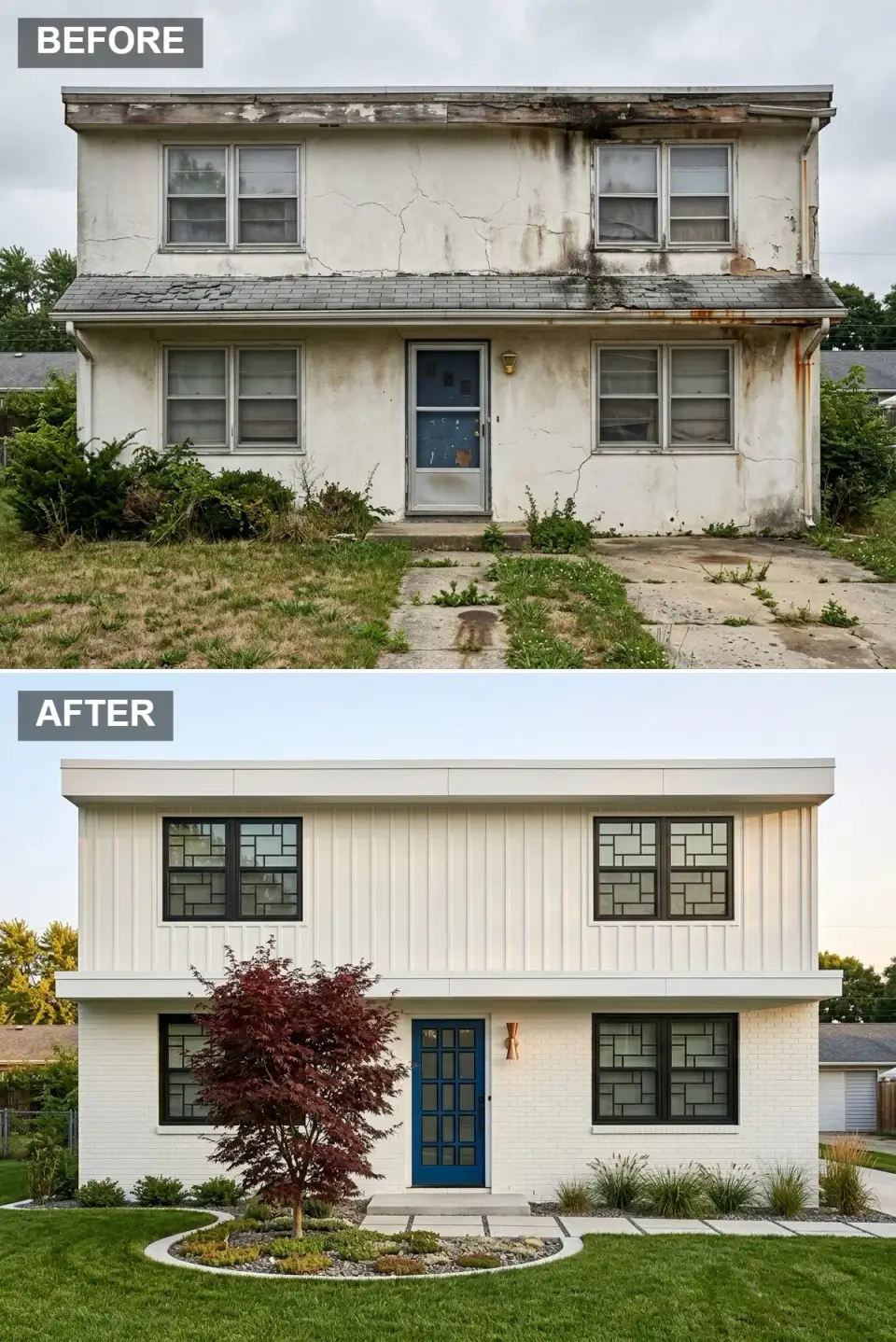 Modern craftsman facade revival with painted white brick vertical siding navy door geometric window grids and Japanese maple focal point