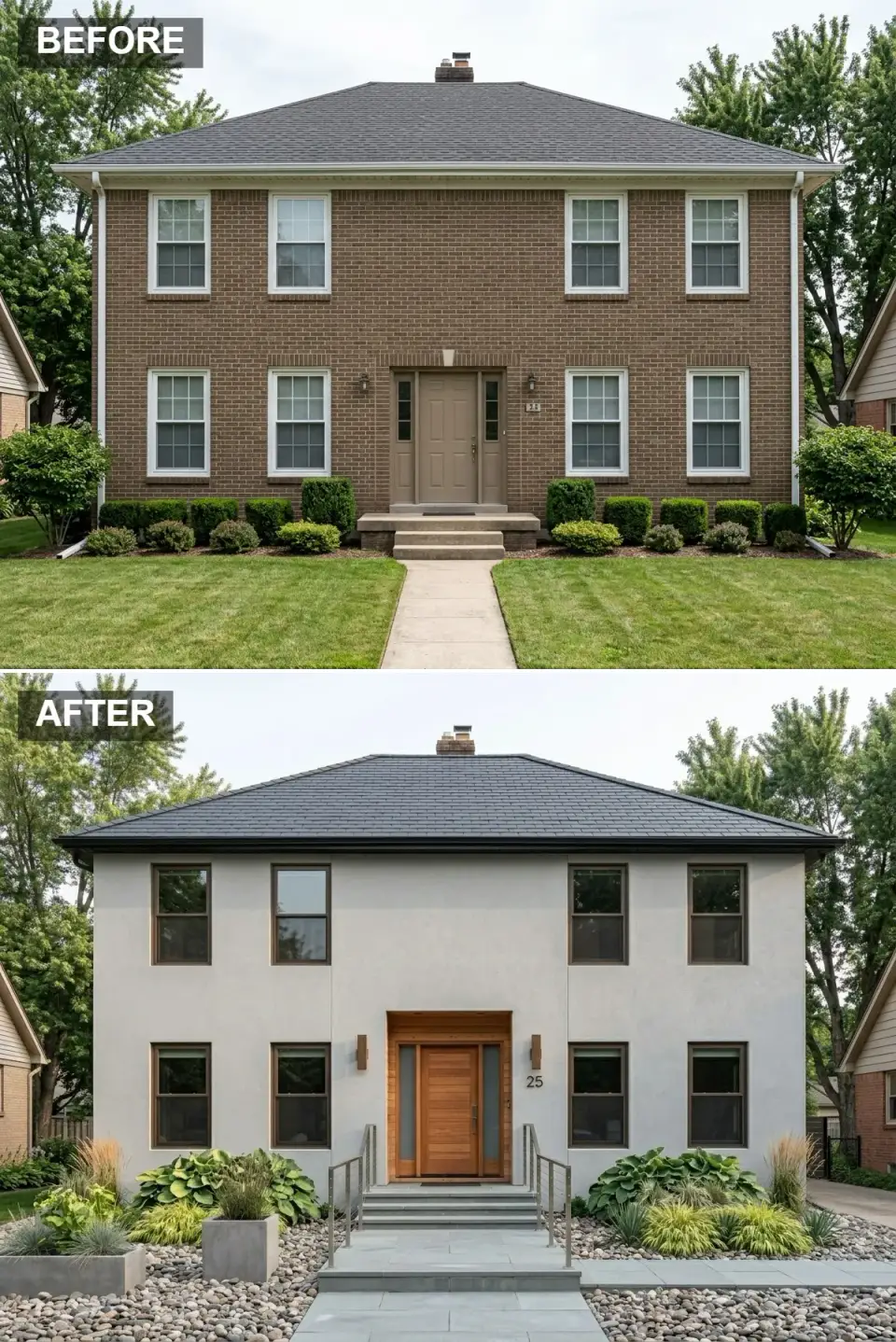 Brown brick exterior makeover into a modern light grey stucco facade with dark-framed casement windows