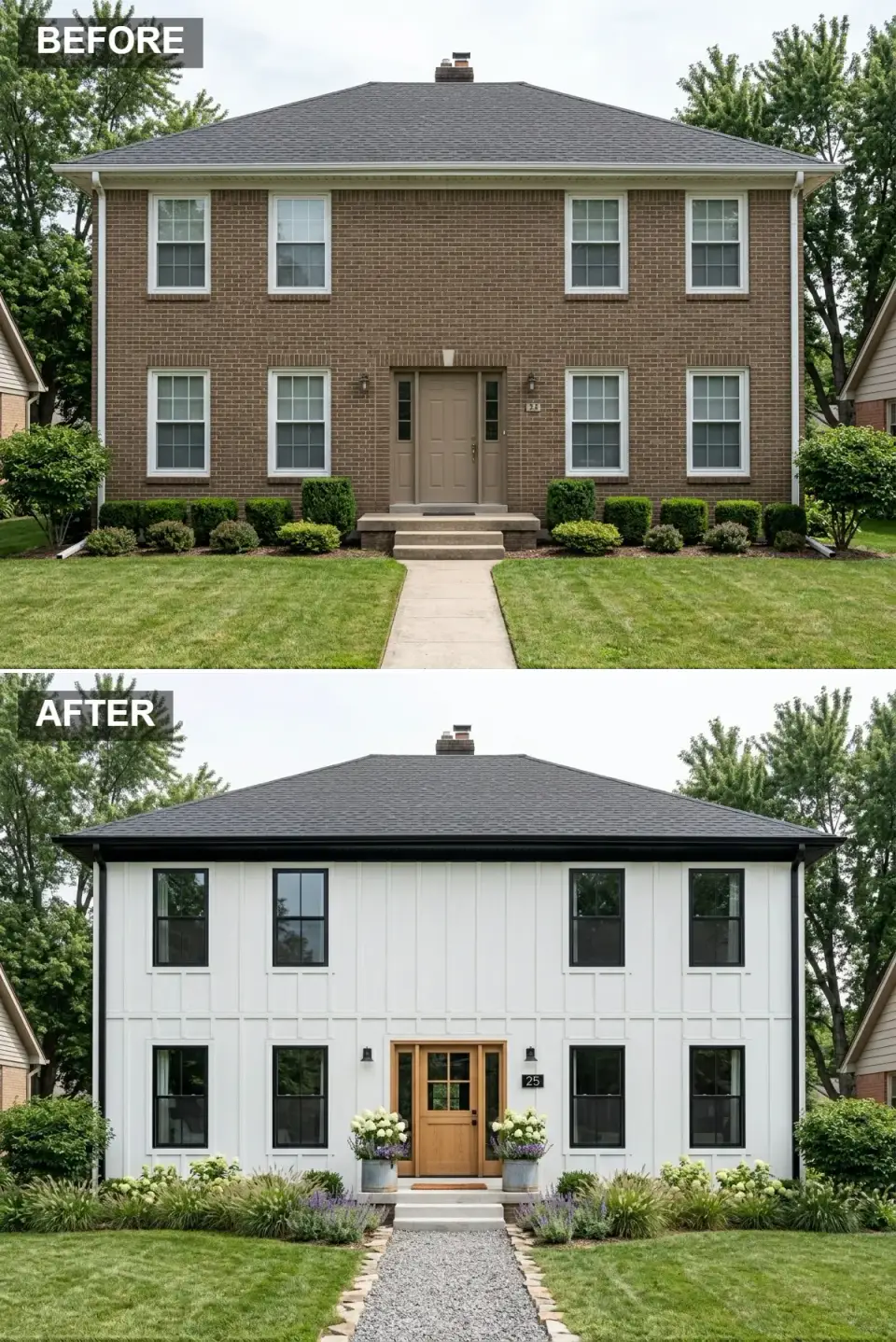 Brown brick exterior makeover into a fully white modern farmhouse with board-and-batten siding