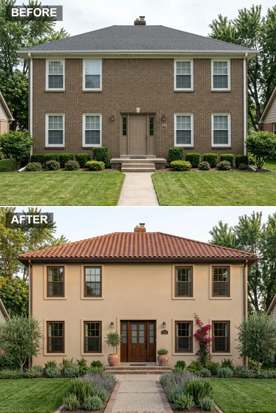 Brown brick home transformed into a Mediterranean style with warm beige stucco and terracotta tile roof