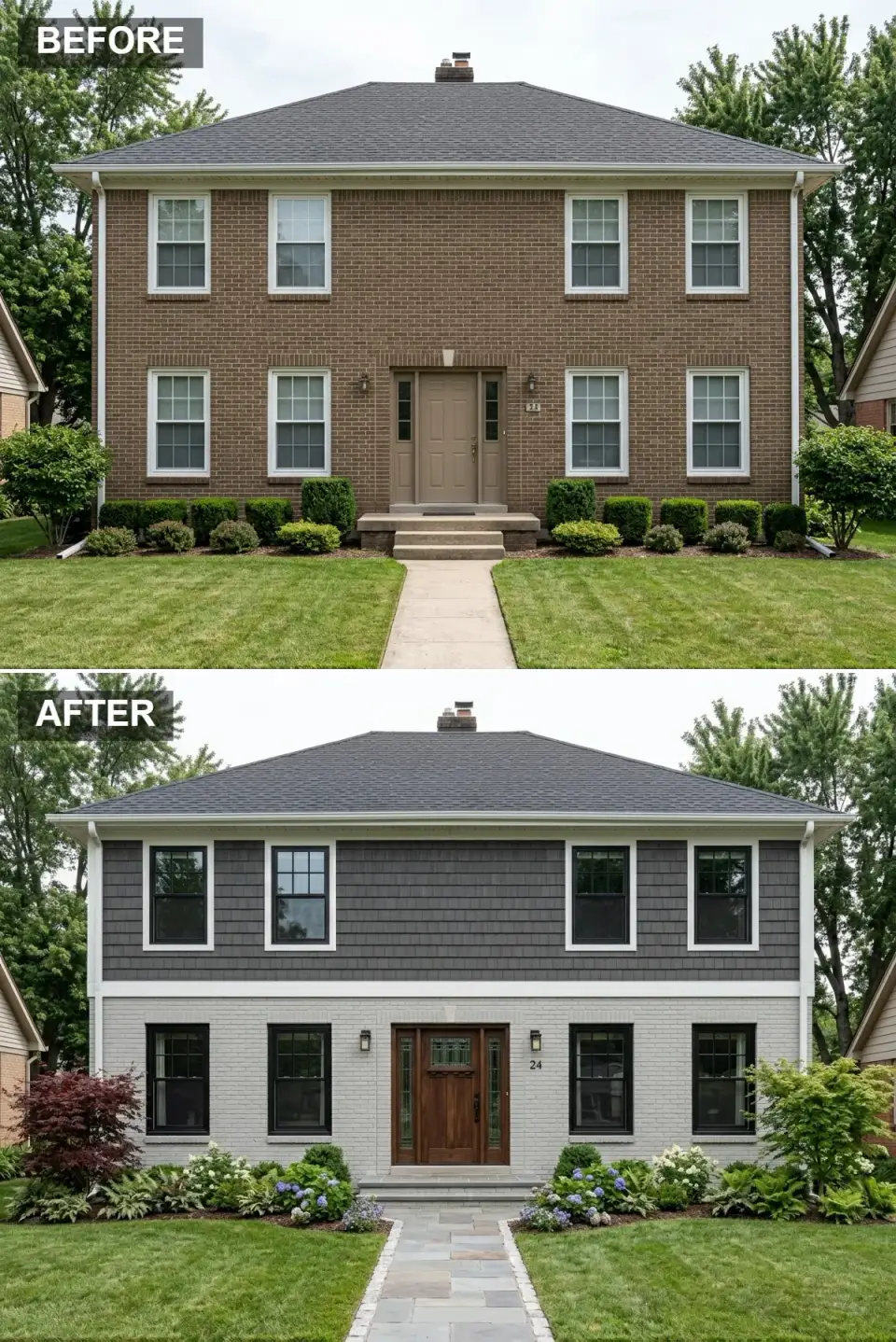 Two-tone Craftsman exterior makeover with charcoal shake siding above and painted light grey brick below