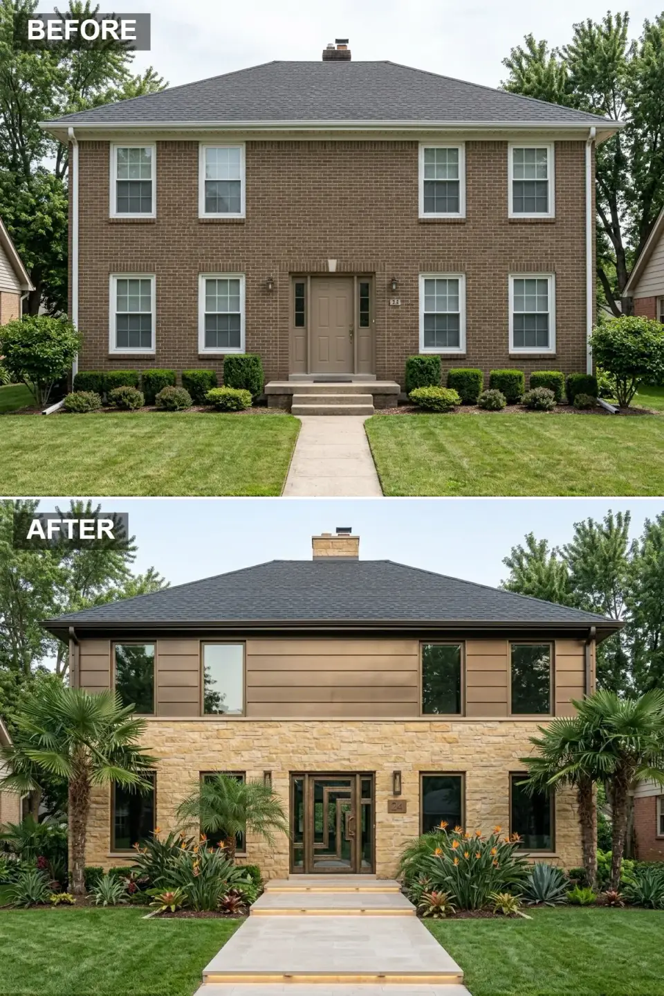 Brick exterior renovated into a contemporary luxury facade with bronze panels and stacked stone