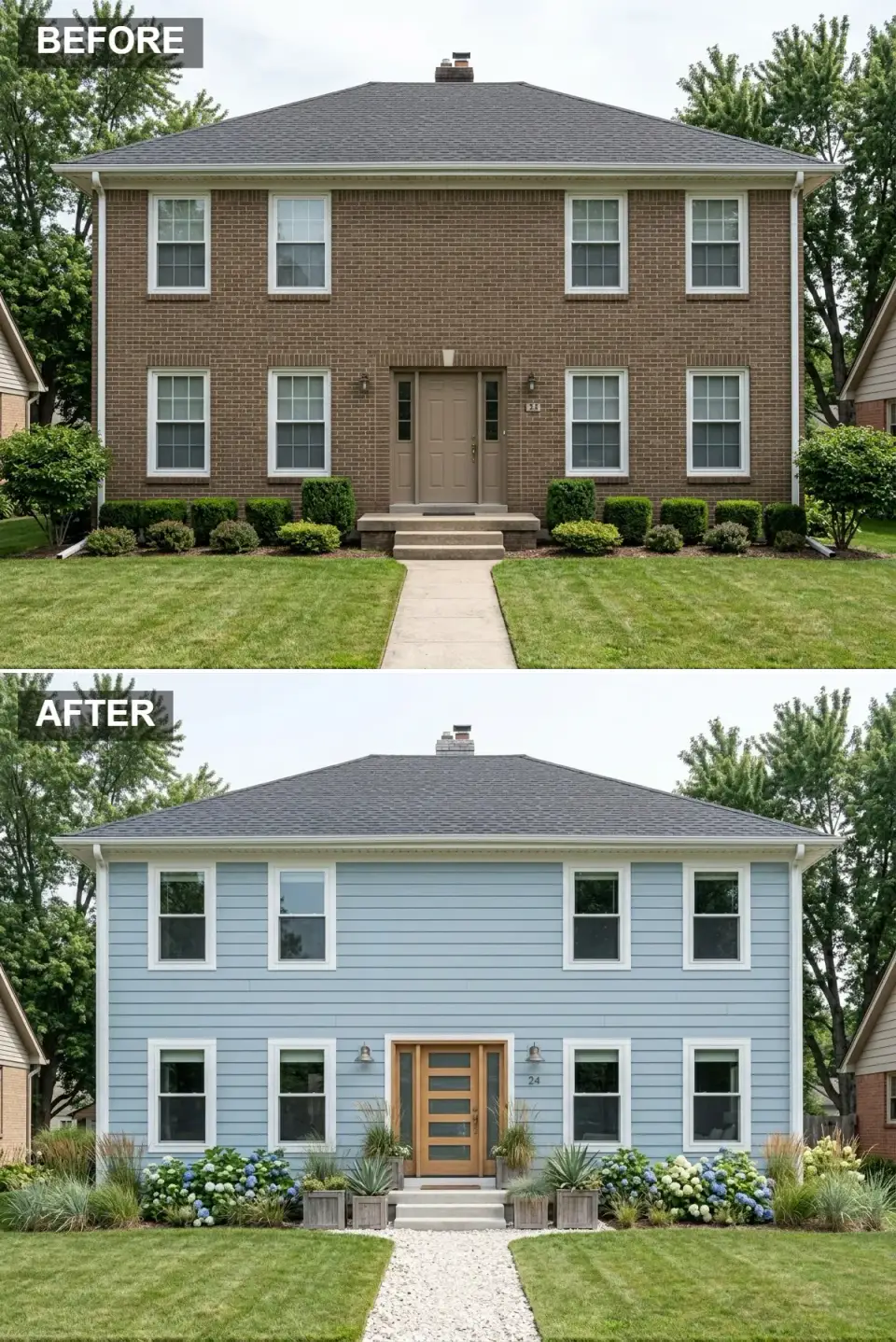 Brown brick house remodeled into a coastal home exterior with light blue horizontal siding and white trim