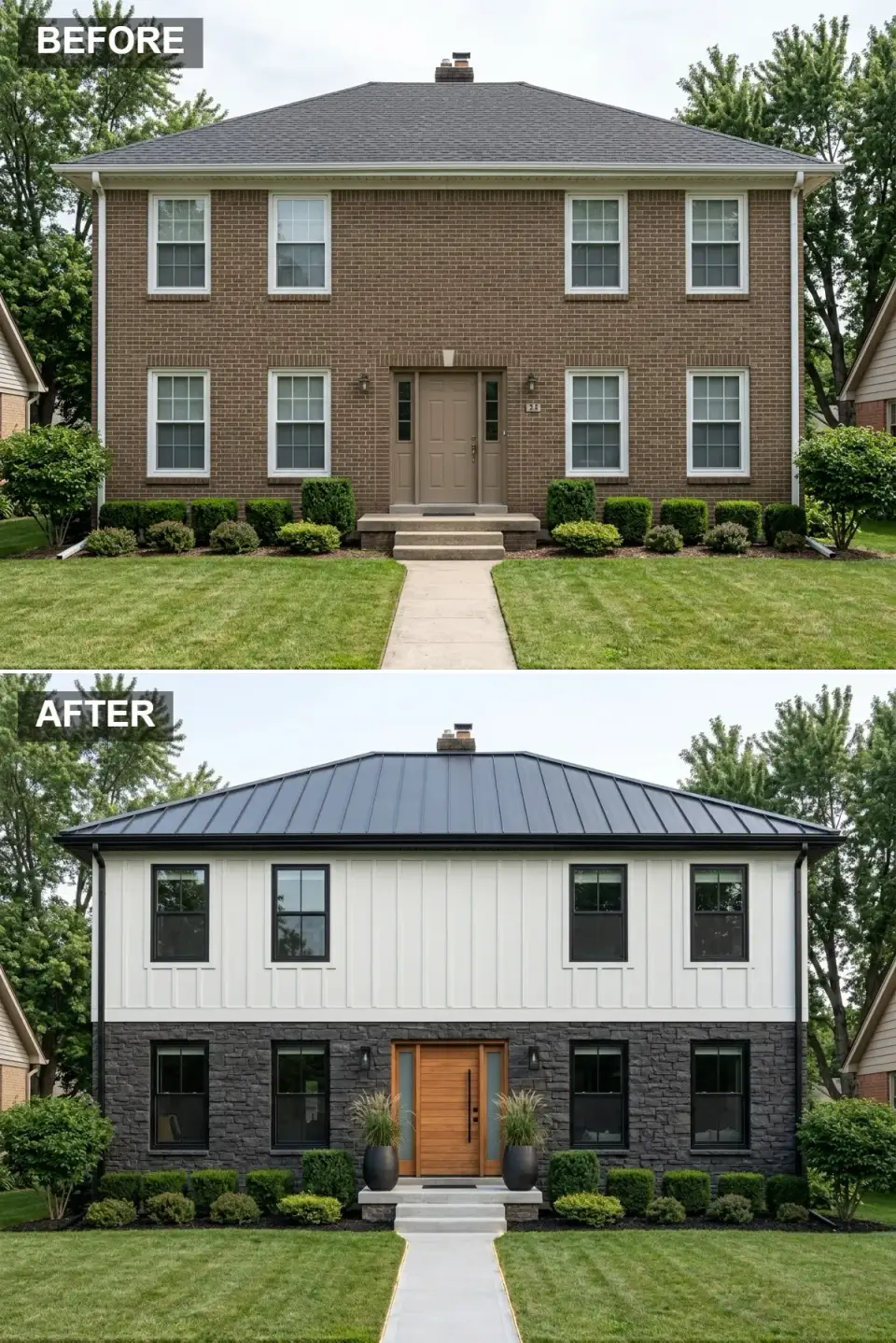 Brick exterior makeover into a modern farmhouse with white board-and-batten upper and charcoal stacked stone lower level