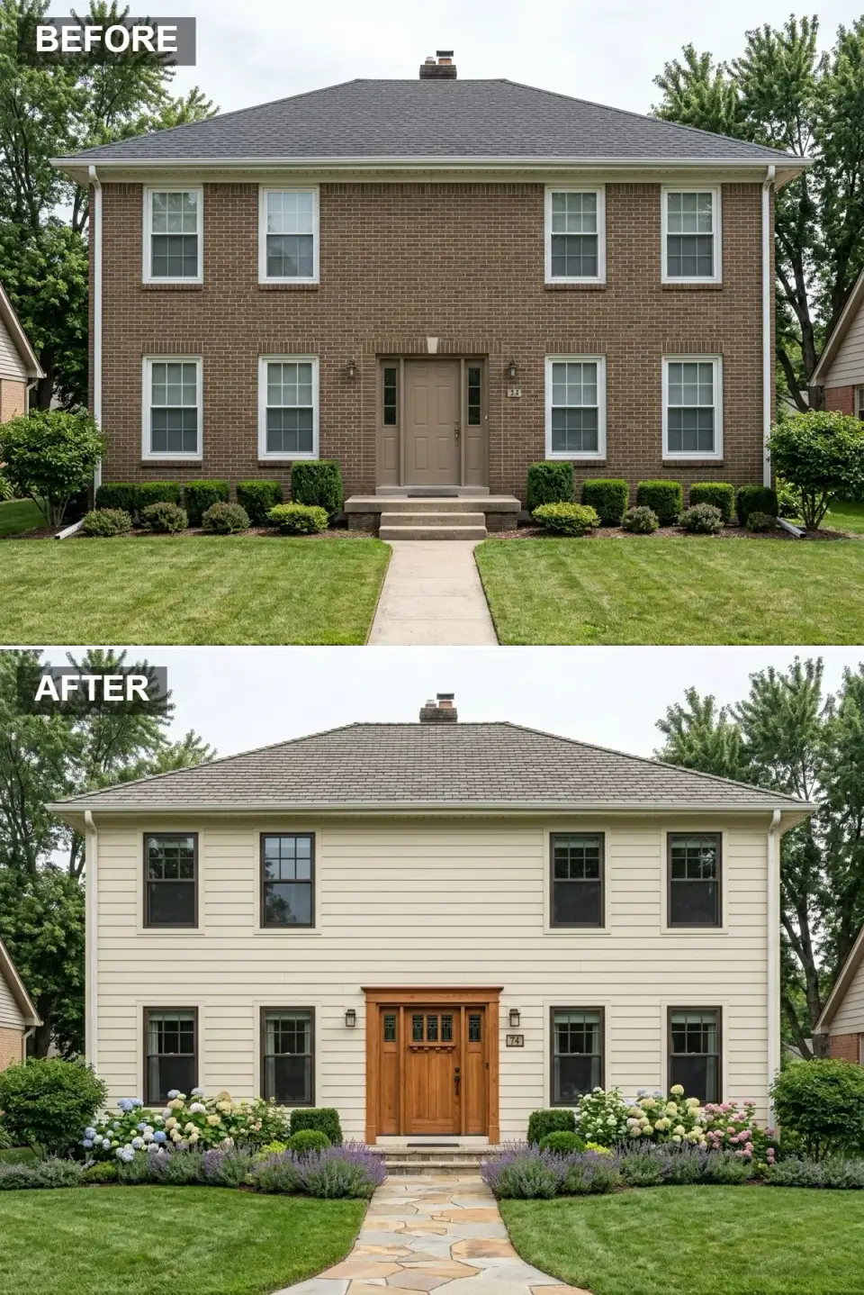 Brown brick home covered with cream lap siding and a craftsman wood front door