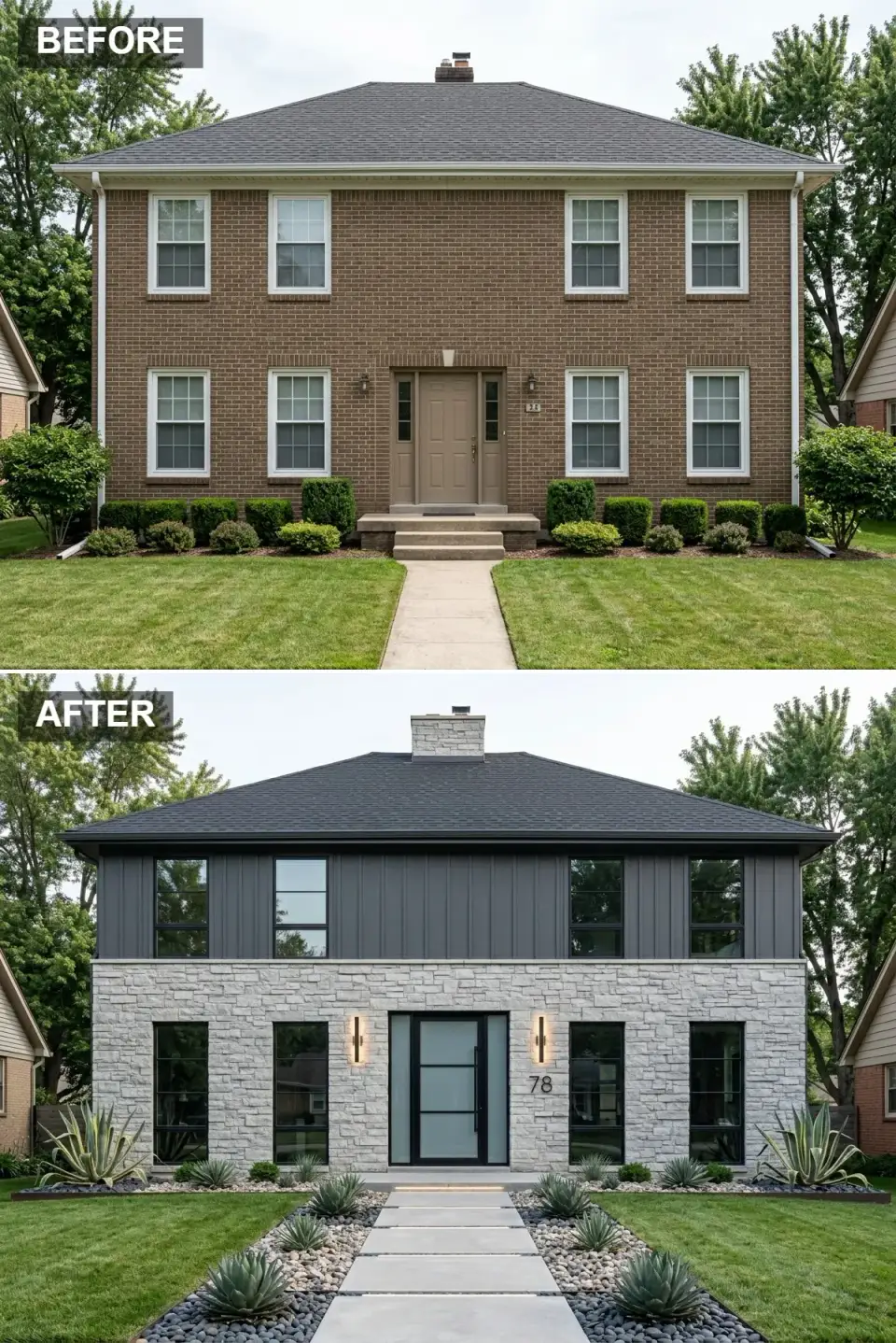 Brick home renovated into a high-contrast minimalist exterior with dark vertical siding and light grey stone