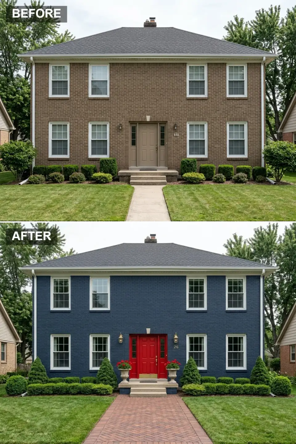 Brown brick home painted deep navy blue with crisp white trim and a vibrant red front door