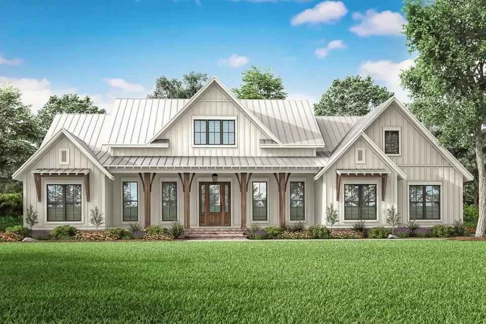 Exterior rendering of Plan 51814HZ showing the primary modern farmhouse facade with white James Hardie Artisan board-and-batten siding, gable-end wood accent on the entry bay, black standing seam metal roof on the porch, and a covered front porch with tapered wood columns