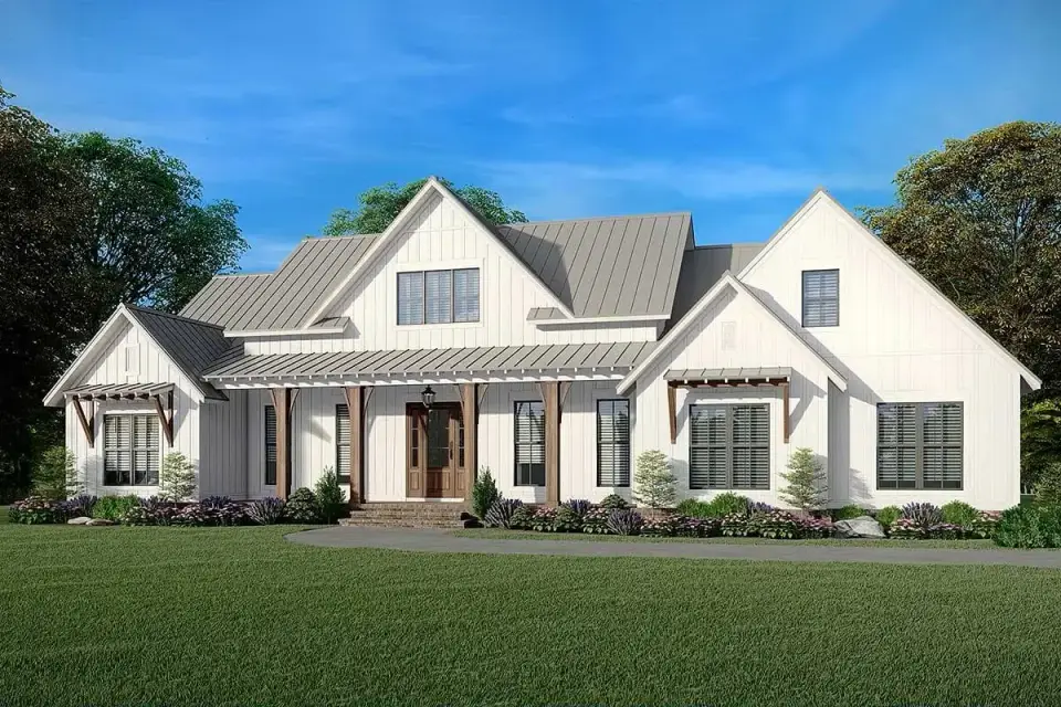 Rear elevation of Plan 51814HZ showing the expansive covered rear porch, 6-foot glass doors opening from the great room, and large windows on the primary bedroom wall