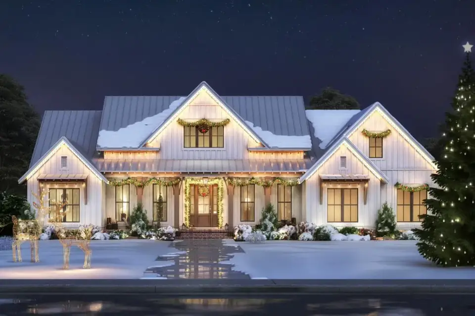 Front elevation rendering emphasizing the dark Englert 1300 standing seam porch roof, white board-and-batten siding, and stained wood accent on the central gable