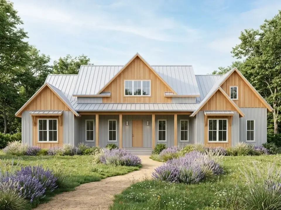 Warm grey and wood facade variation showing light grey vertical board-and-batten siding, natural cedar gable accents and columns, grey Englert standing seam metal roof, winding dirt path bordered by lavender and ornamental grasses