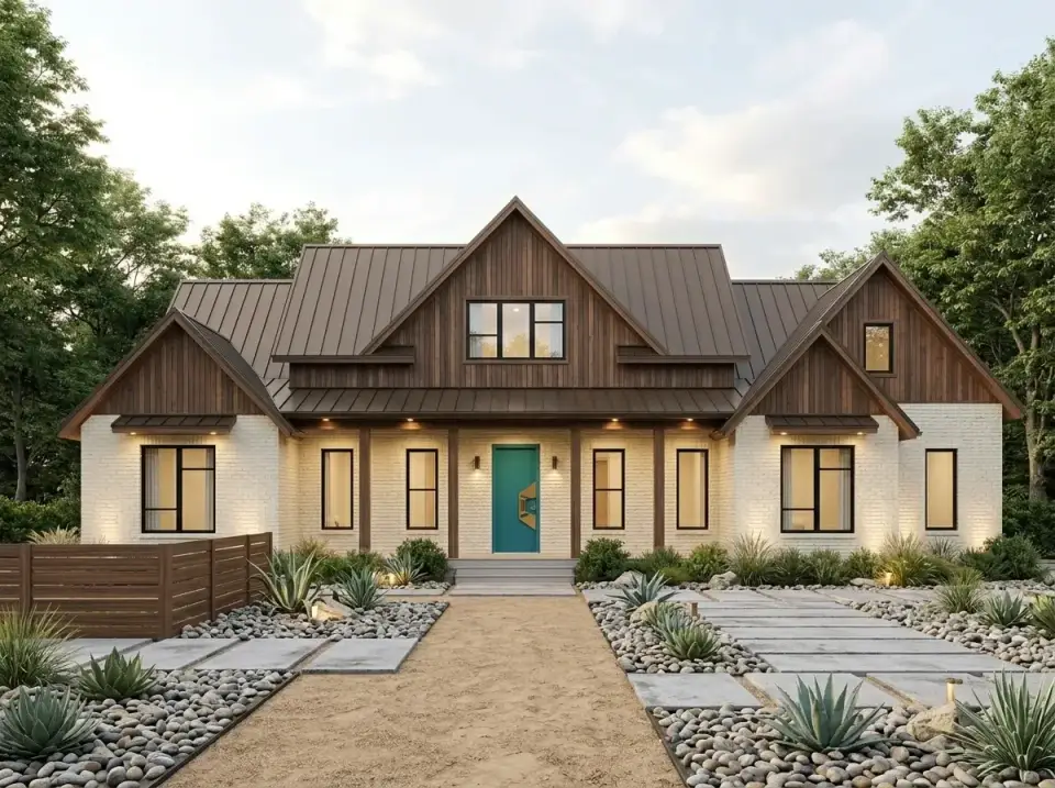 Rustic brick and wood facade variation showing white painted Glen-Gery brick on the main body, dark-stained cedar board-and-batten on gables, black standing seam metal roof, vibrant teal front door, and desert-inspired landscape with agave and river stones