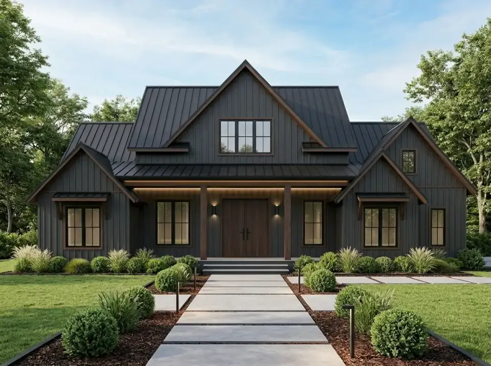 Moody dark grey facade variation of Plan 51814HZ showing dark charcoal Benjamin Moore Iron Mountain board-and-batten siding, matching dark standing seam metal roof, dark walnut wood columns and front door, geometric concrete paver path, and warm exterior lighting