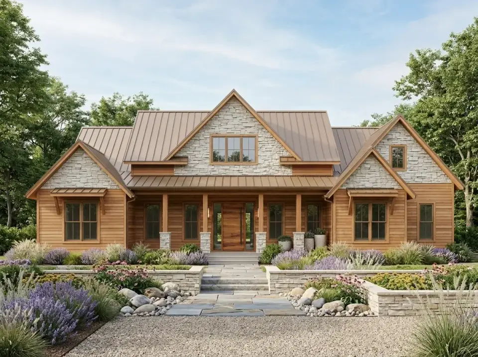 Craftsman wood and stone facade variation showing medium-tone cedar siding on the main body, Eldorado Stone Mountain Ledge veneer on the gables and column bases, warm brown standing seam metal roof, and lush landscape with flowering lavender and coneflowers