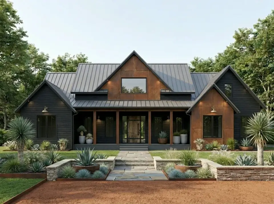 Industrial rust and dark wood facade variation showing horizontal dark charcoal fiber cement siding, rust-colored ATAS Pinnacle Corten panels on the gables, dark standing seam roof, rustic wood columns and front door, terracotta gravel path, and desert-modern landscape with yucca and ornamental grasses