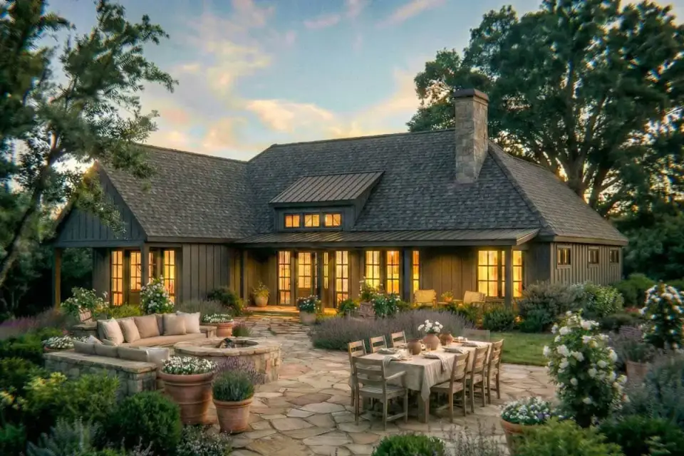 French country single story home twin gables and metal roof accent