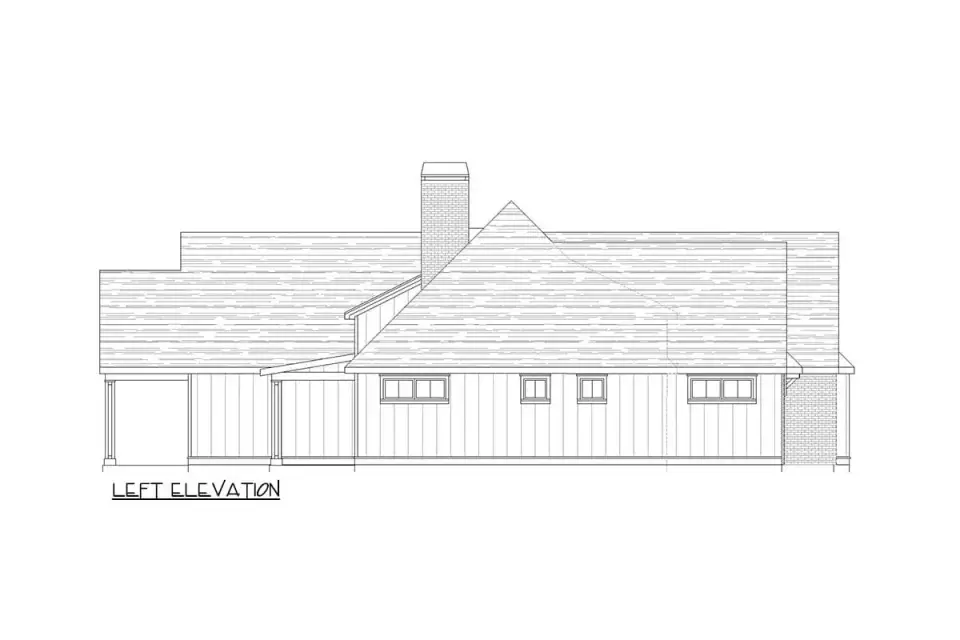 French country house side elevation with chimney and horizontal massing
