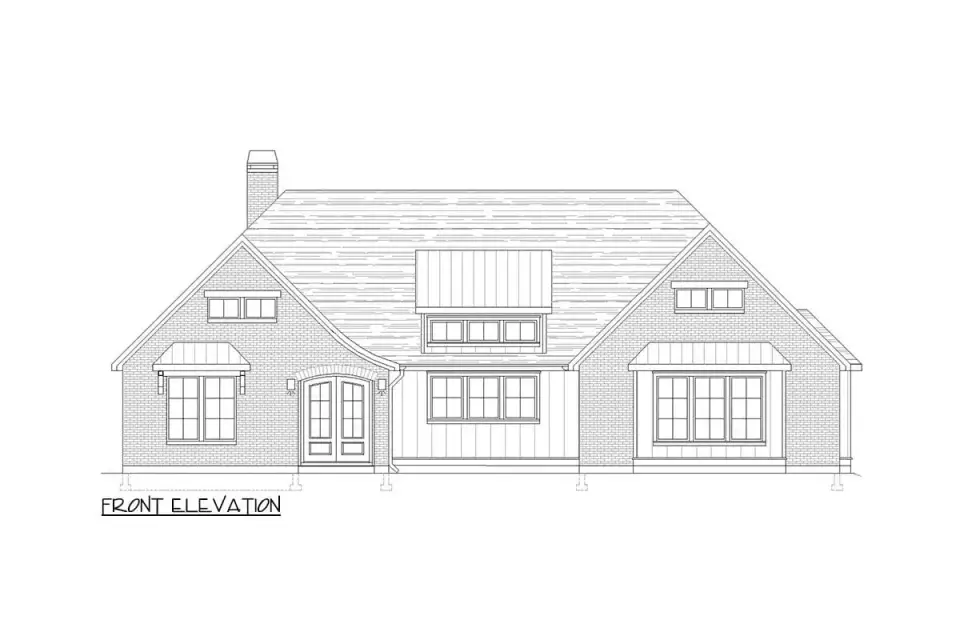 French country house plan entry porch detail with arched stone surround