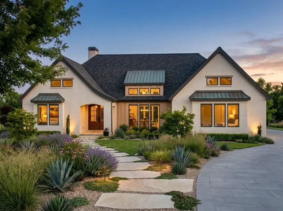 Contemporary Mediterranean facade variation with stucco and copper accent