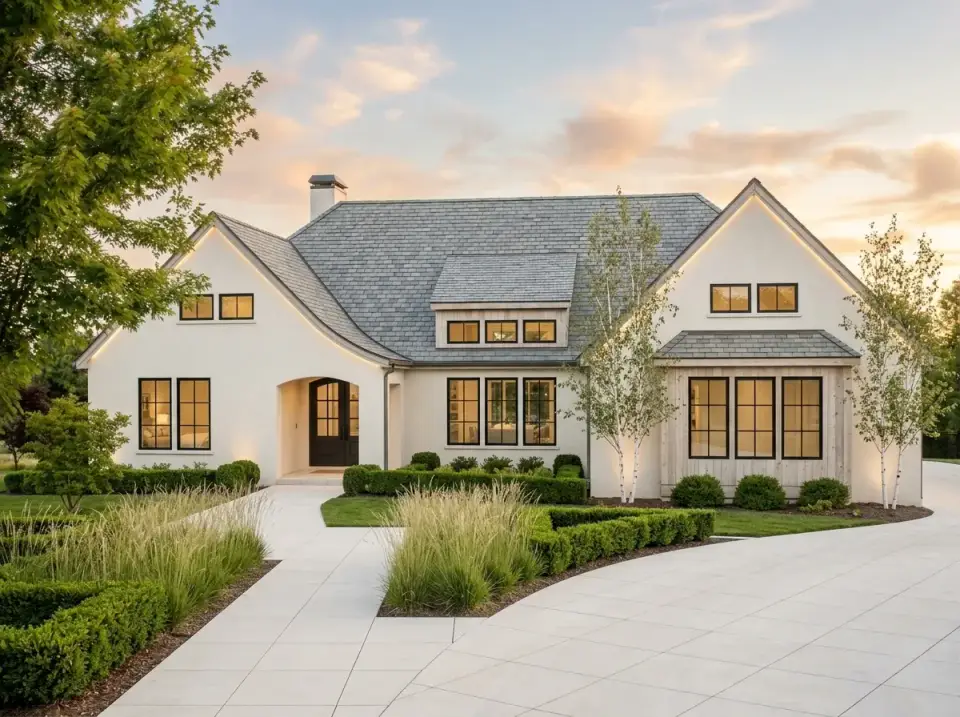 Modern Cottage facade variation white siding and black window frames