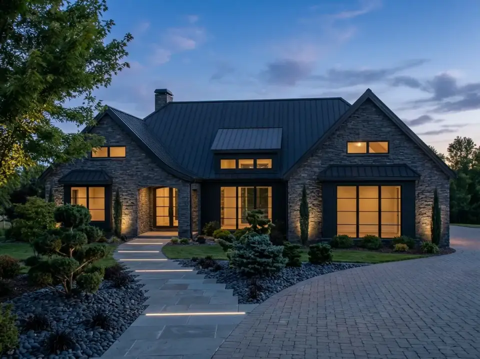 Dark Contemporary Stone facade variation with black standing seam roof
