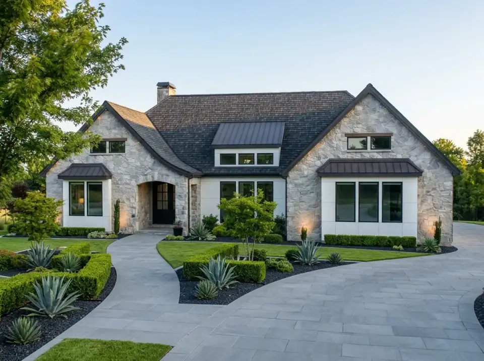 Transitional Stone and Panel facade with fieldstone gables and white panels