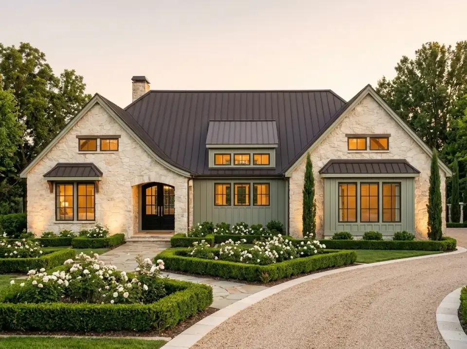 Classic French Provincial facade with cream stone and sage board and batten