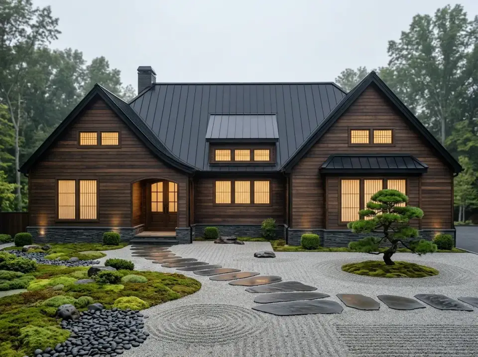 Japanese Zen Contemporary facade dark cedar siding and stone plinth