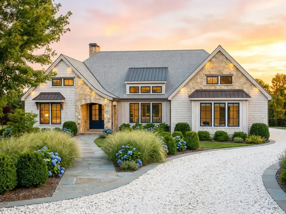 Coastal Shingle facade white cedar shakes and stone entry surround