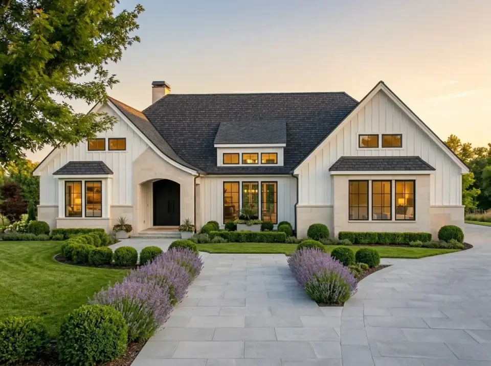 Modern Farmhouse facade white board and batten with stone water table