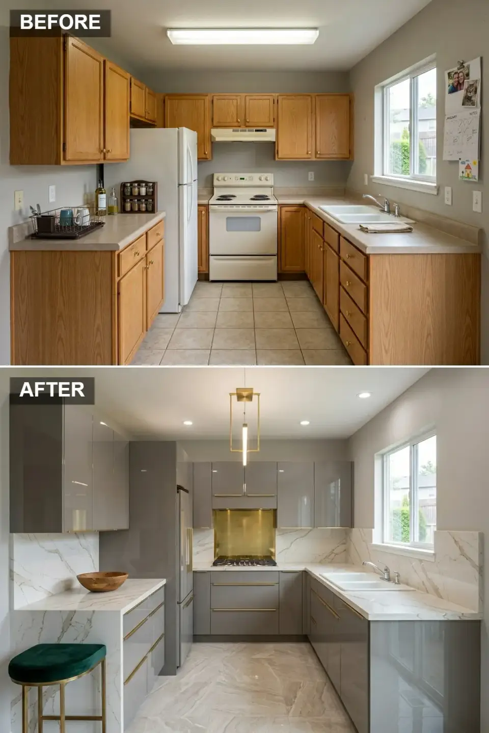 Glamorous gray kitchen with high gloss charcoal cabinets brass accents waterfall marble peninsula and emerald velvet stool
